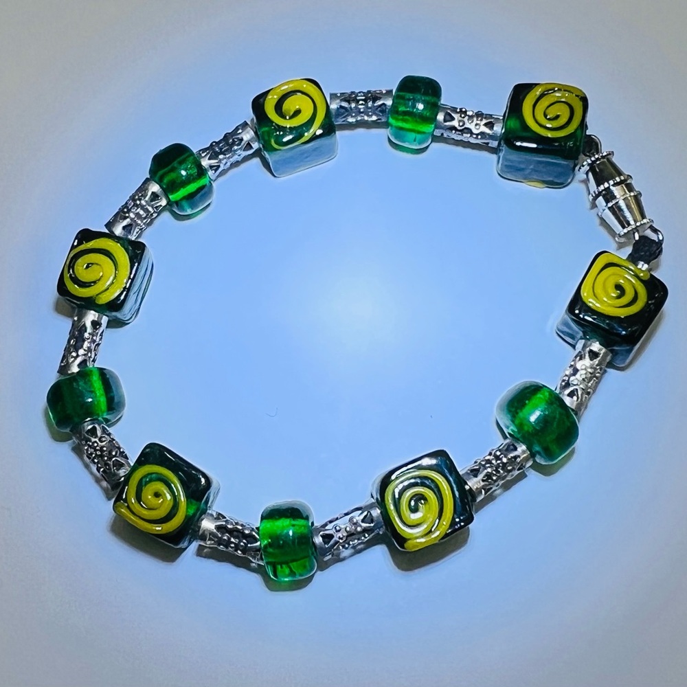 Colorful Artisan Glass Beaded Bracelet Green, Gold, Silver  ONE OF A KIND